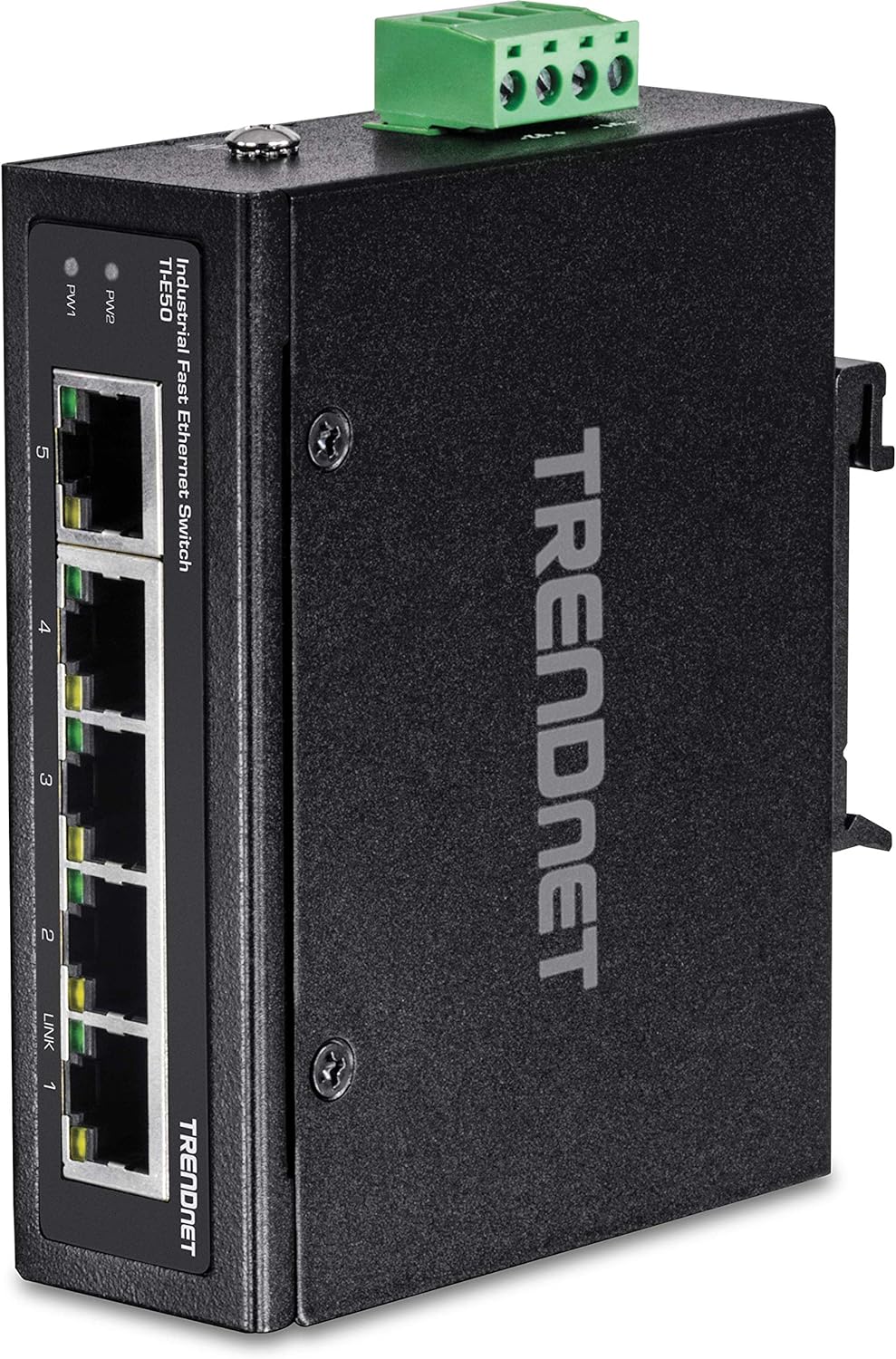 TRENDnet 5-Port Industrial Unmanaged Fast Ethernet DIN-Rail Switch, 5 x Fast Ethernet Ports, IP30, Operating Temperature Range of -40° – 75°C (-40° – 167°F), Lifetime Protection, Black, TI-E50